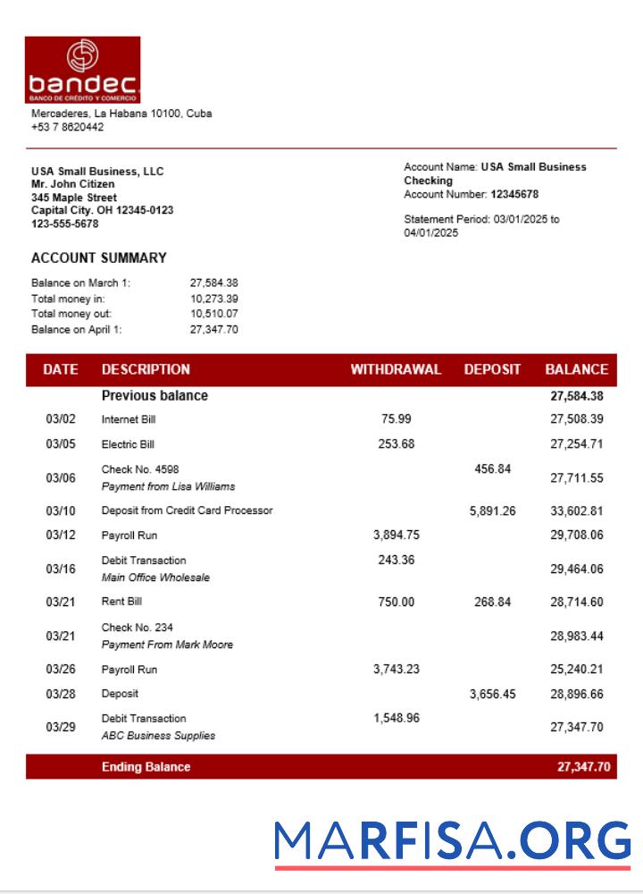 Blank Bandec Banco de Credito y Comercio business firm account bank statement Word and PDF format example